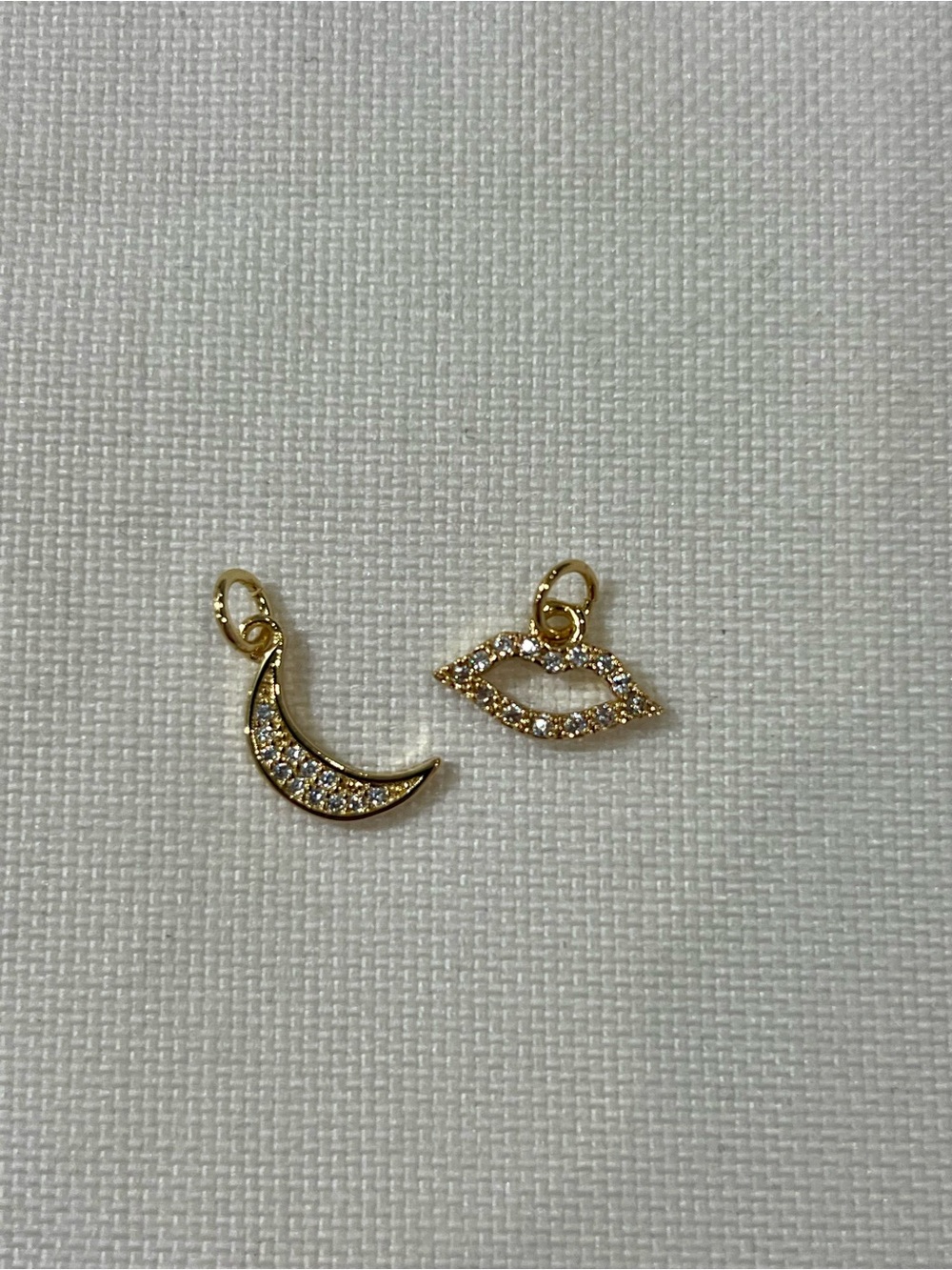 Set of 2 Gold -Tone Charms Crescent Moon and Lip with pavé set CZ diamonds